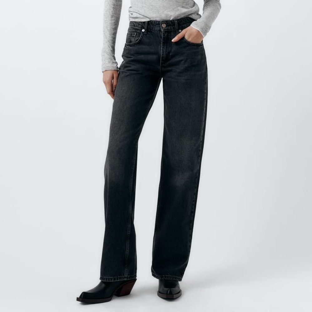 ZARA WOMEN’s FULL LENGTH TRF MID-RISE WIDE LEG JEANS IN BLACK